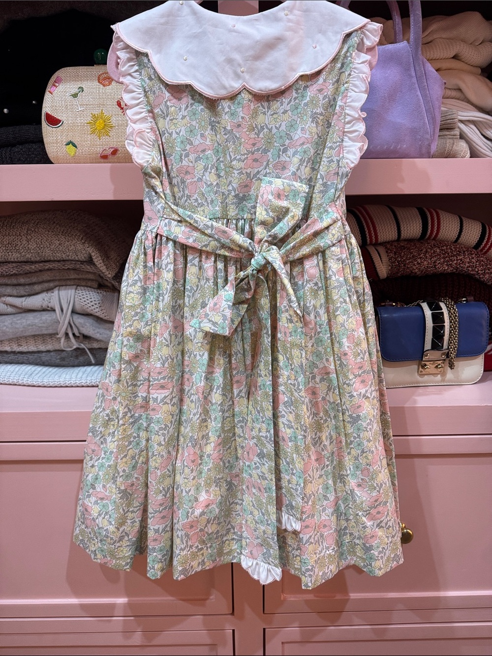 Girls Floral Cotton Dress with White Scalloped Collar - Picture 3 of 4